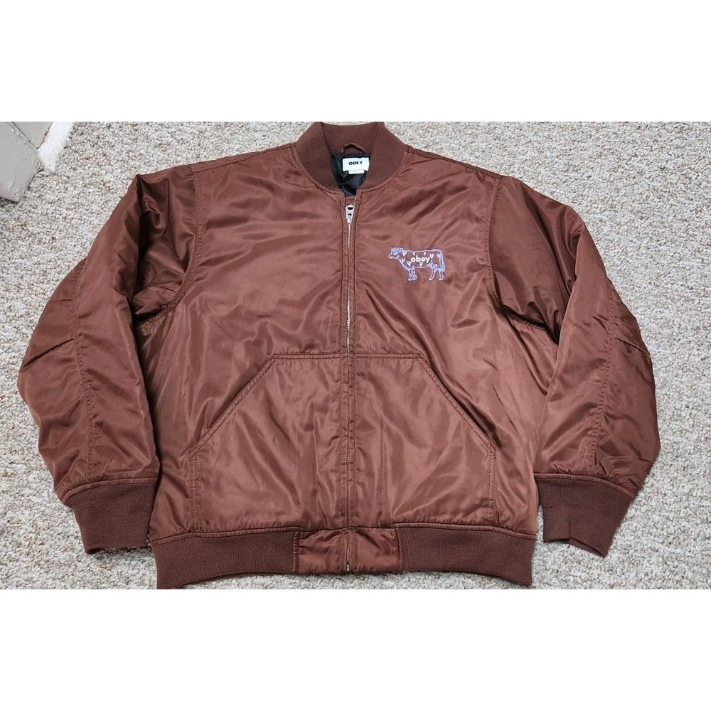 Obey Clothing Men's Runaway Bomber Jacket  Brown Purple Cow Large Zip Quilted